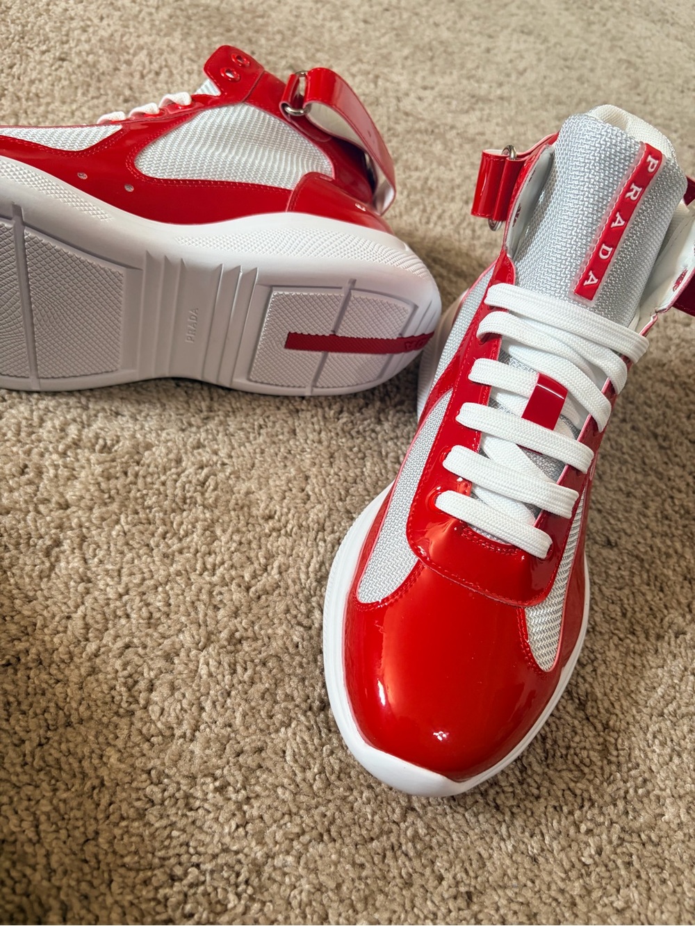Prada Red and White Size Euro 43 High-Top Sneakers - Picture 2 of 8